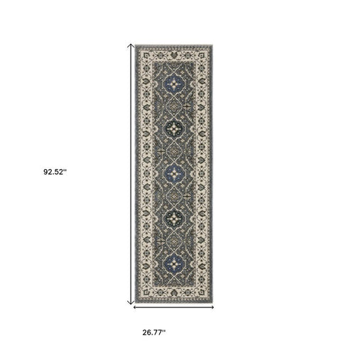 5' X 8' Blue And Gray Oriental Area Rug With Fringe
